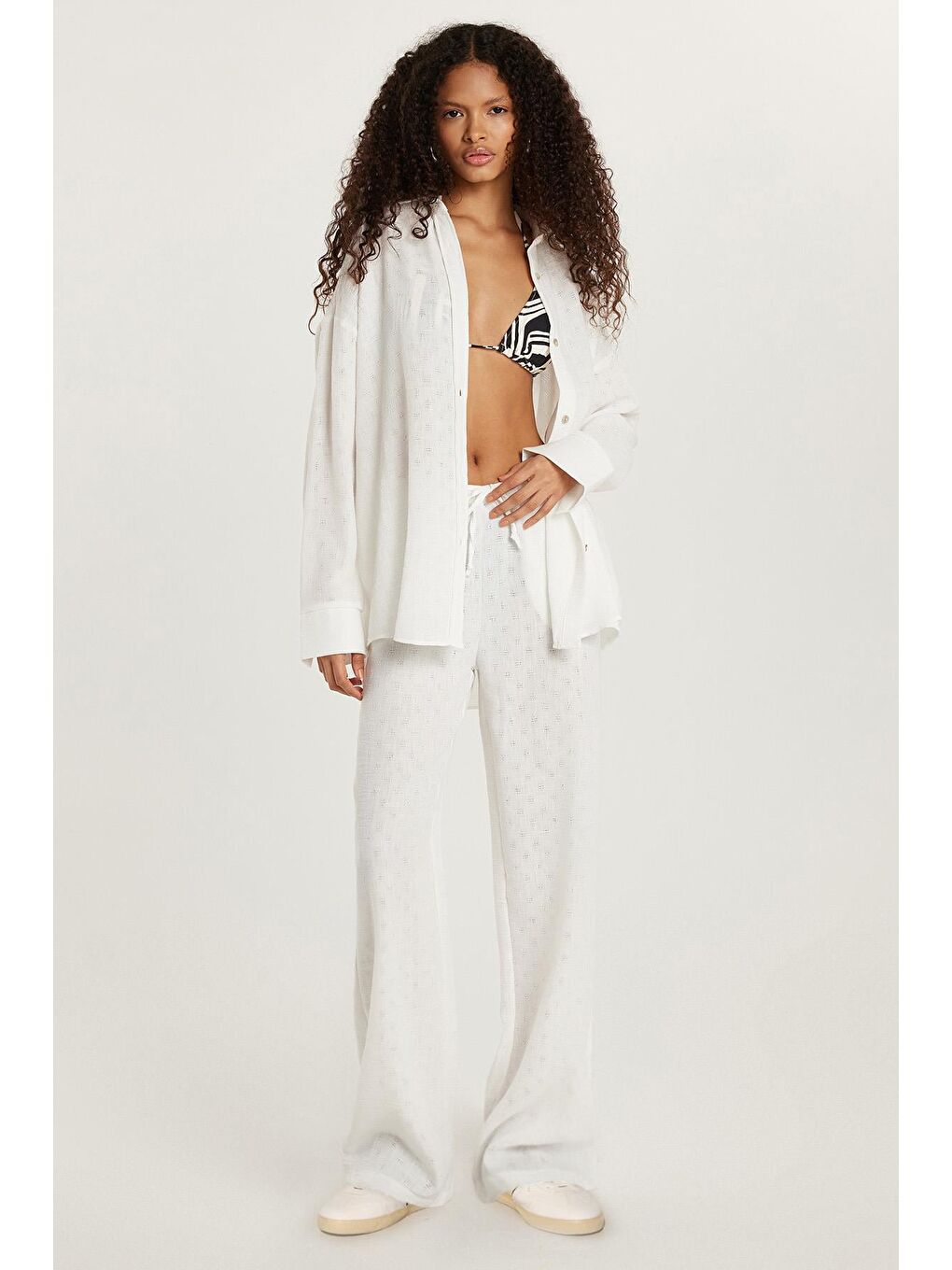 Kadın Relax Fit Beli Lastikli Bağlamalı Palazzo Geniş Paça Ekru Pantolon-2