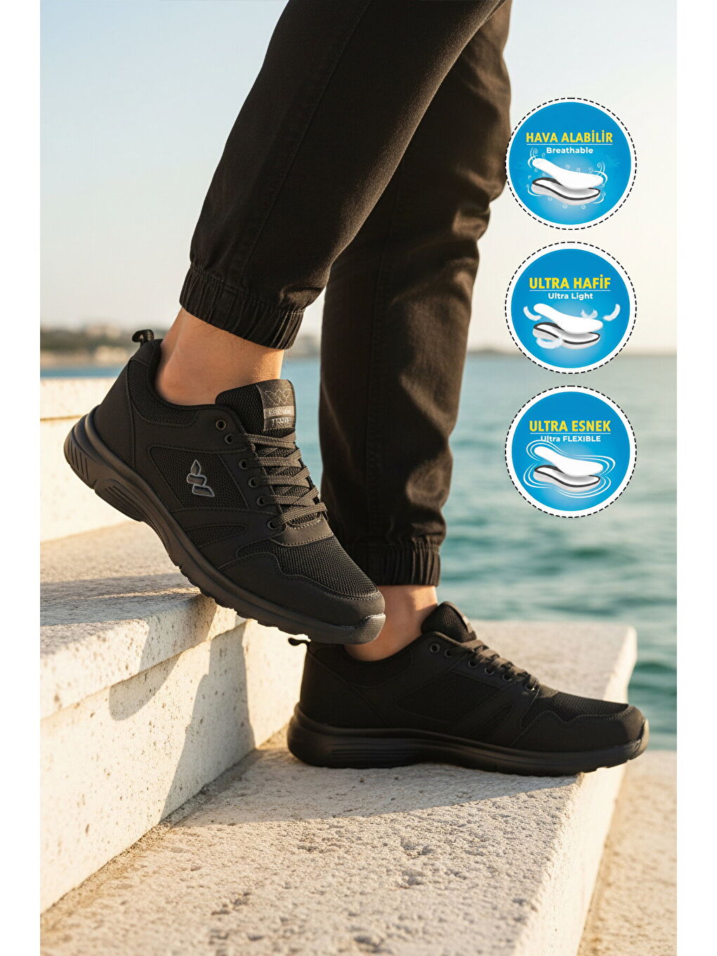Siyah Fileli Hafif Esnek Büyük Numara Spor Ayakkabı 020 M-2