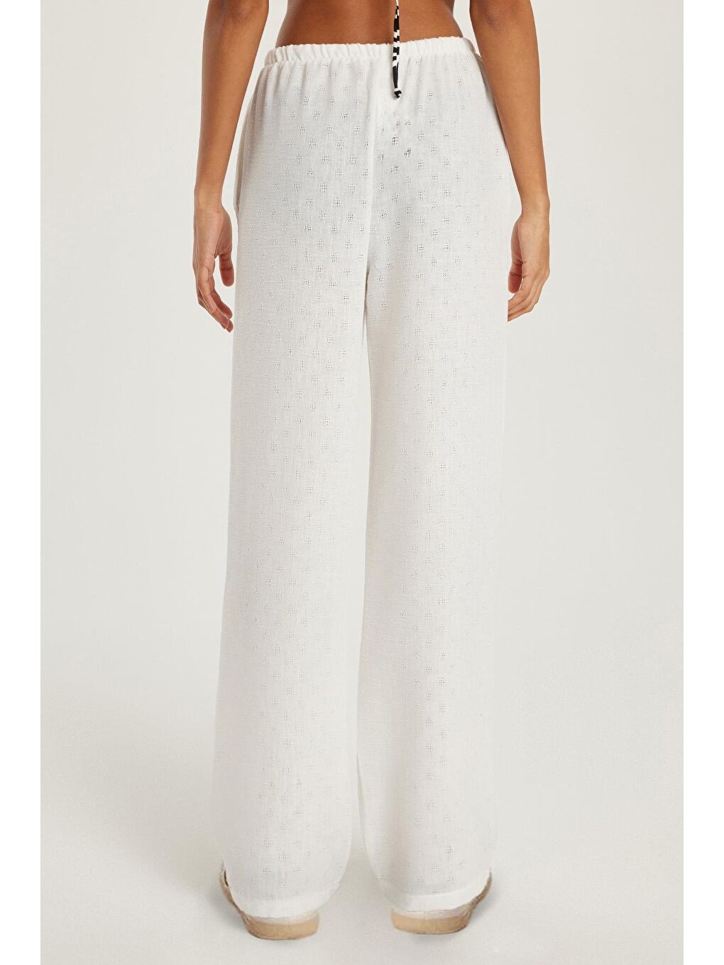 Kadın Relax Fit Beli Lastikli Bağlamalı Palazzo Geniş Paça Ekru Pantolon-3