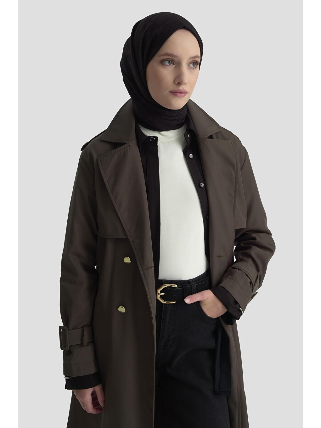 Gold Düğmeli Trençkot 25Ktd709 Kahverengi-1