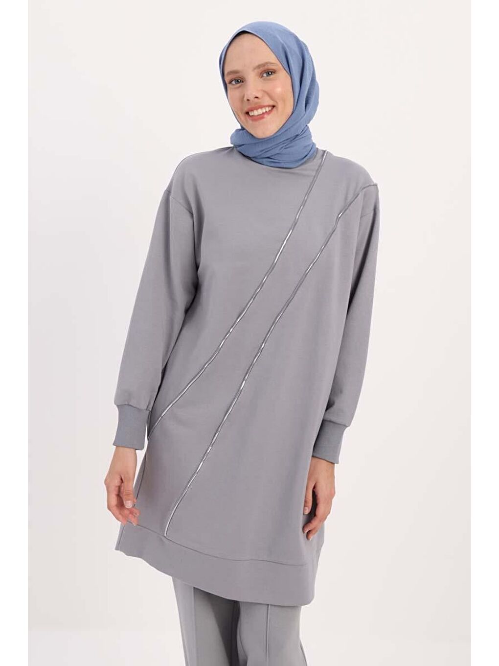 Gri-Süs Fermuarlı Sweat Tunik