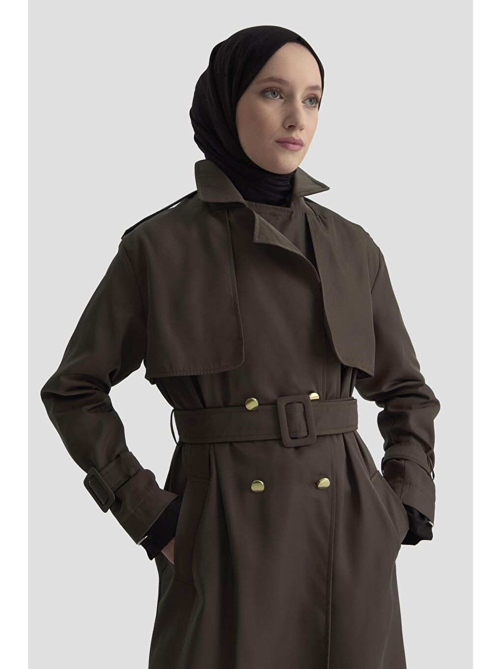 Gold Düğmeli Trençkot 25Ktd709 Kahverengi-3