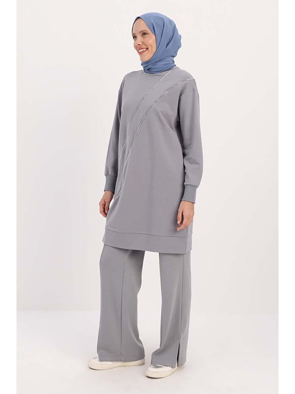 Gri-Süs Fermuarlı Sweat Tunik-2