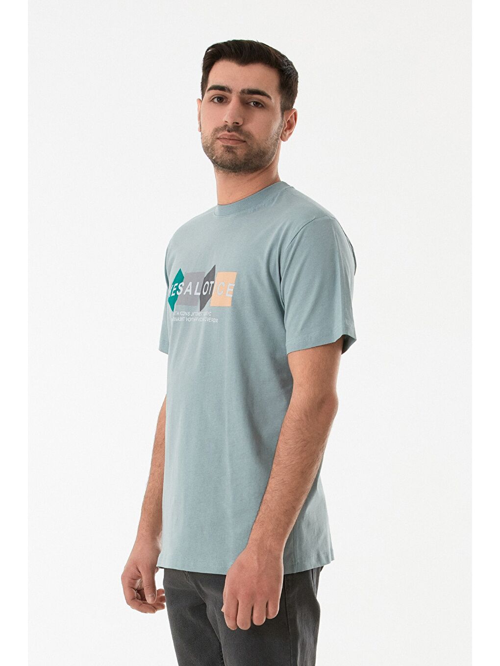 Mavi Baskılı Bisiklet Yaka %100 Pamuk Tişört-1