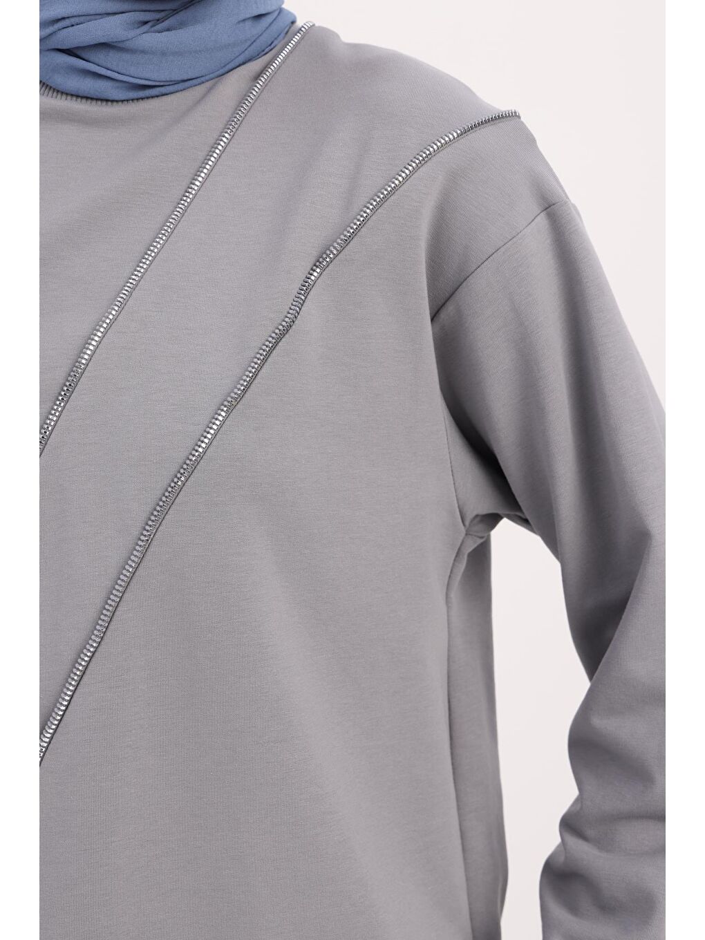 Gri-Süs Fermuarlı Sweat Tunik-4