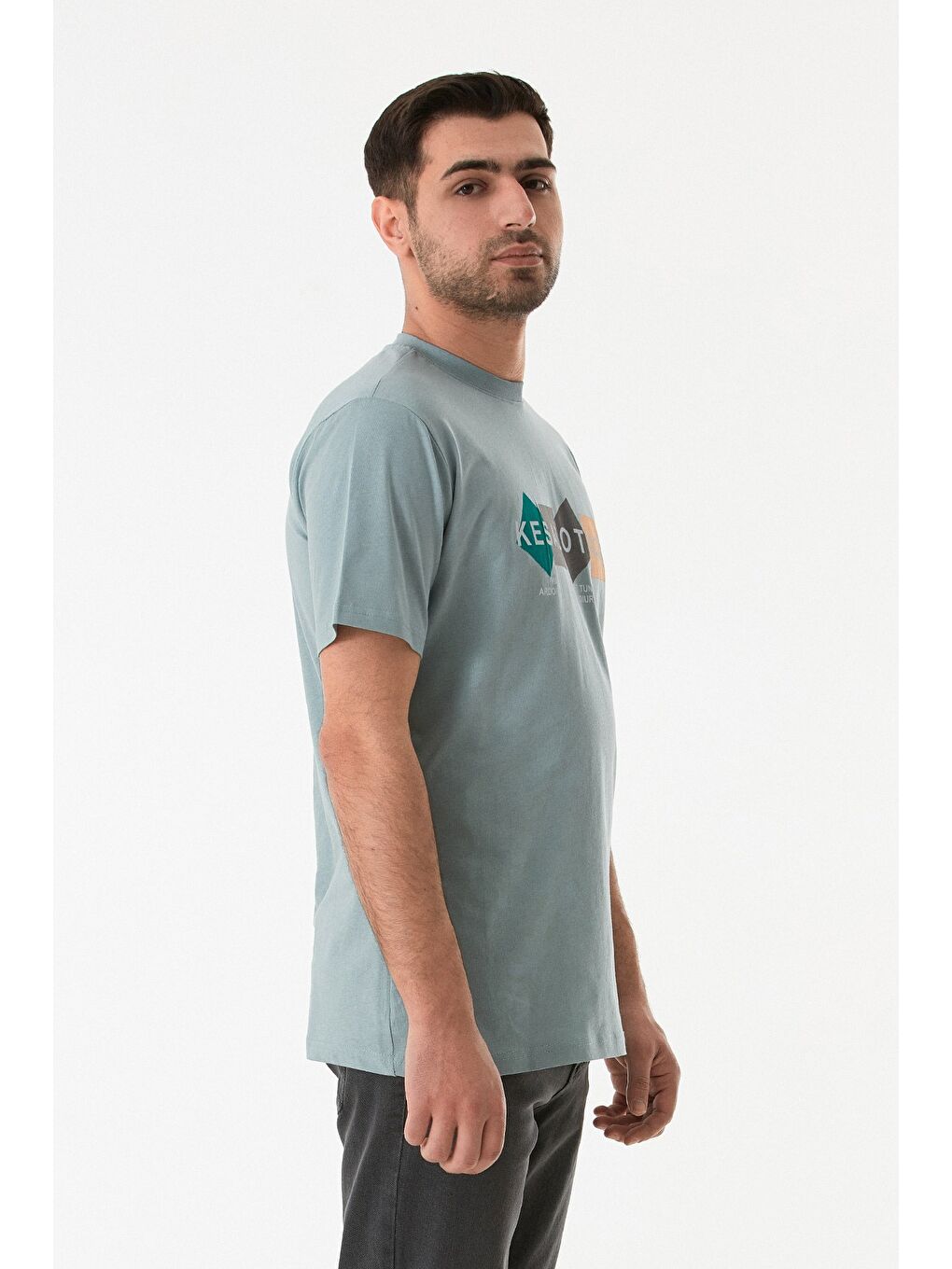 Mavi Baskılı Bisiklet Yaka %100 Pamuk Tişört-3