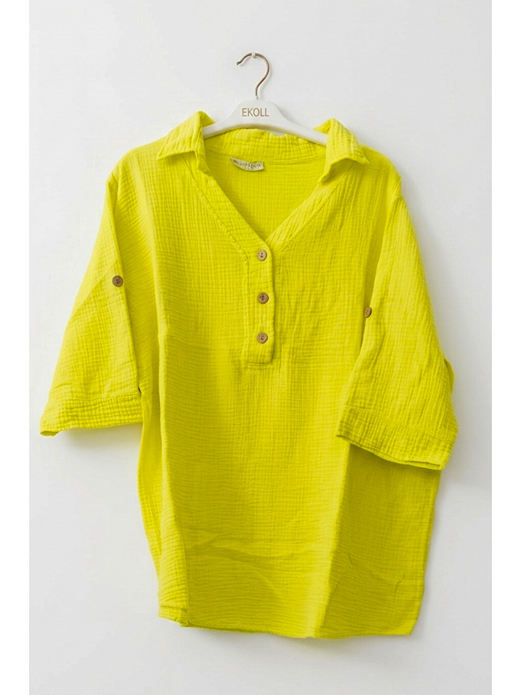 Neon Sarı Gömlek Yaka Düğmeli 3/4 Kol Casual Müslin Oversize Dokuma 67 67-1