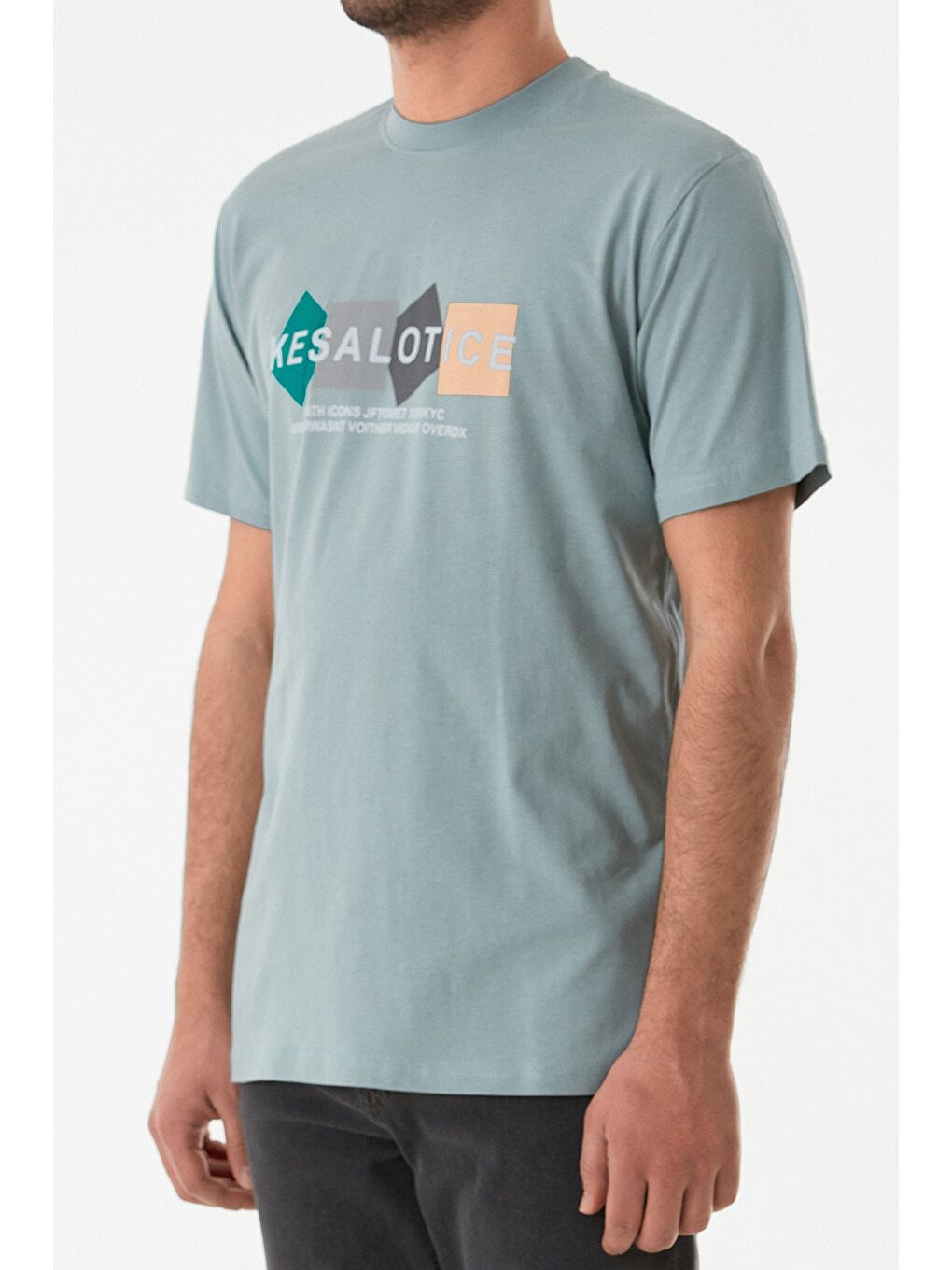 Mavi Baskılı Bisiklet Yaka %100 Pamuk Tişört-4