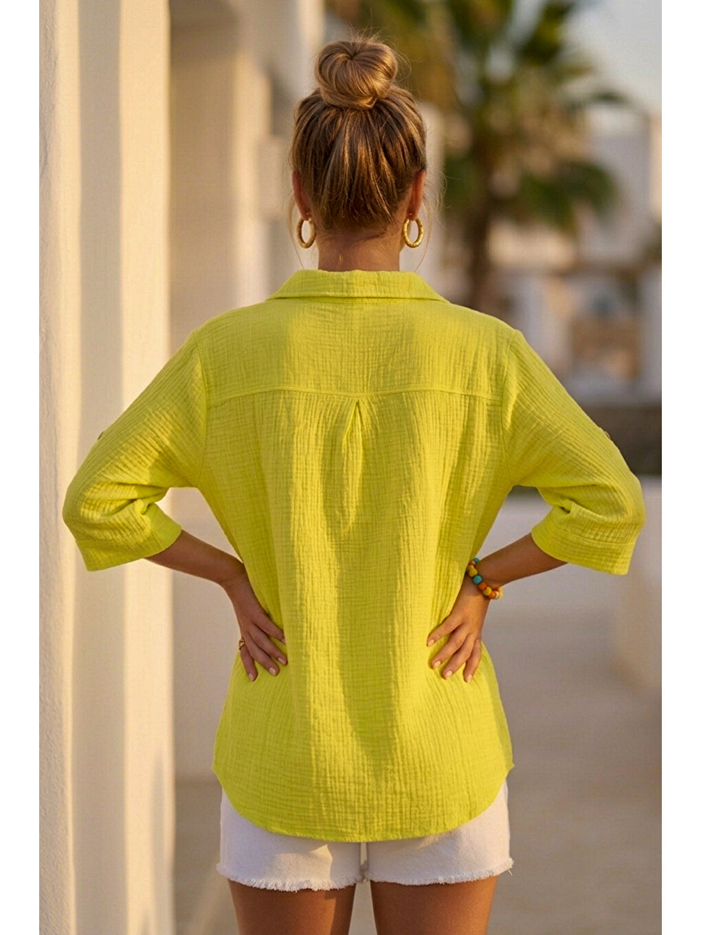 Neon Sarı Gömlek Yaka Düğmeli 3/4 Kol Casual Müslin Oversize Dokuma 67 67-2