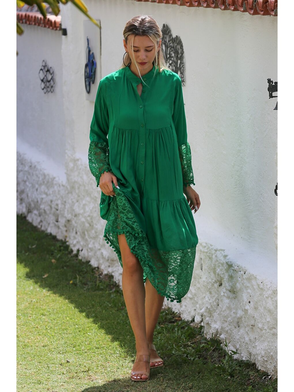 Yeşil Hakim Yaka 3/4 Kol Düğmeli Kol Ve Etek Ucu Dantelli Dokuma Casual Elbise-1