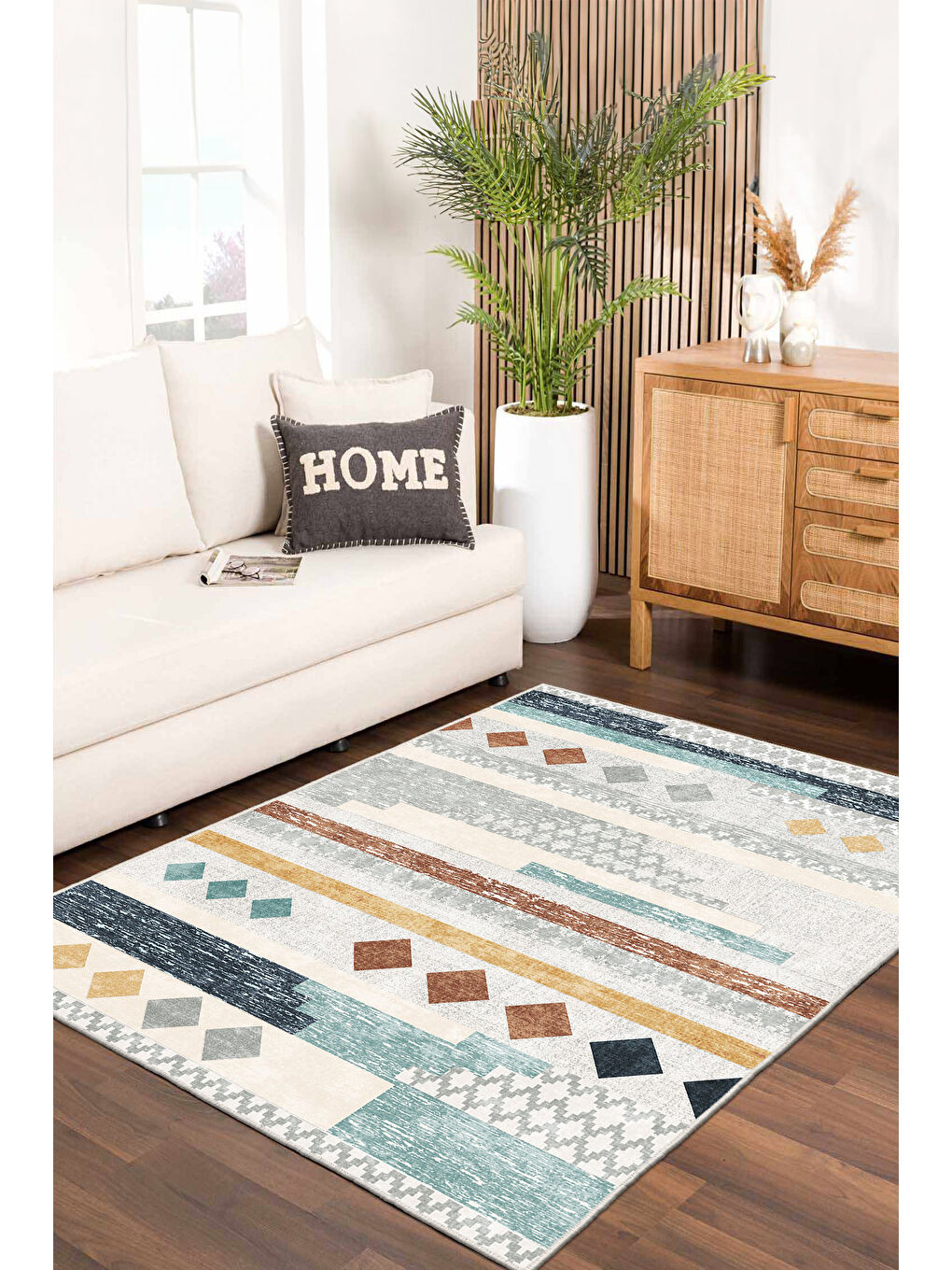 Bej Dekoratif Özel Tasarım Yıkanabilir İnce Kaymaz Tabanlı Modern Halı KECE FR50-1