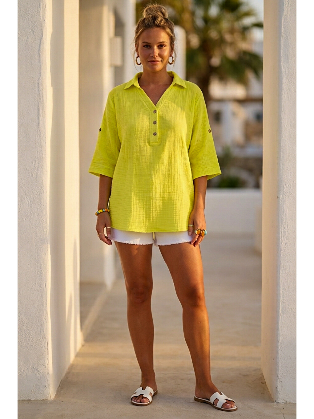 Neon Sarı Gömlek Yaka Düğmeli 3/4 Kol Casual Müslin Oversize Dokuma 67 67-3