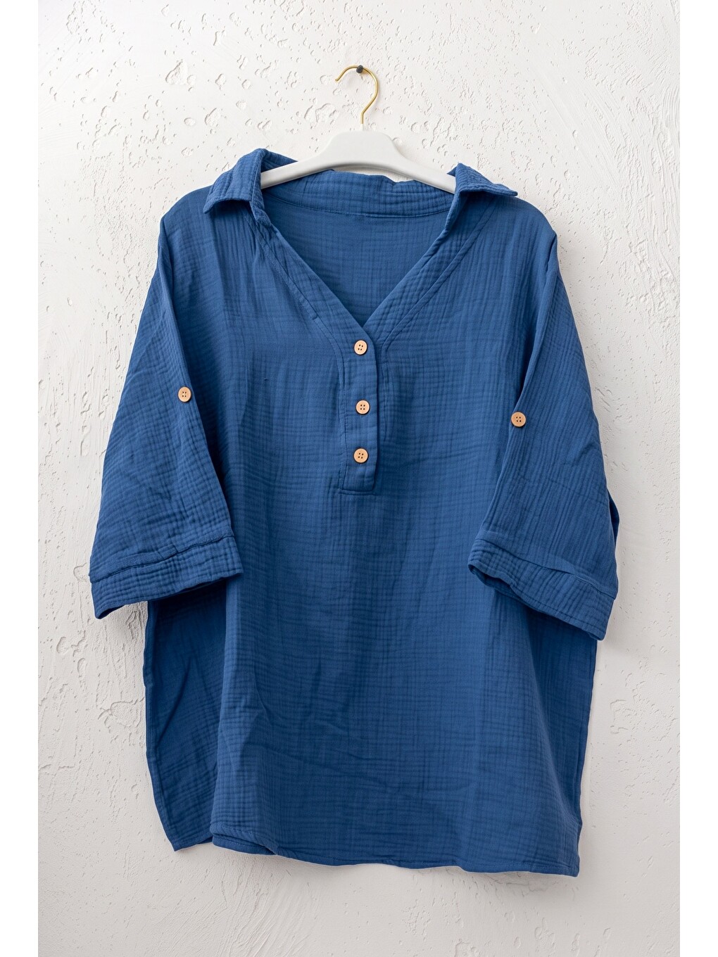 Mavi Gömlek Yaka Düğmeli 3/4 Kol Casual Müslin Oversize Dokuma 67 67-1