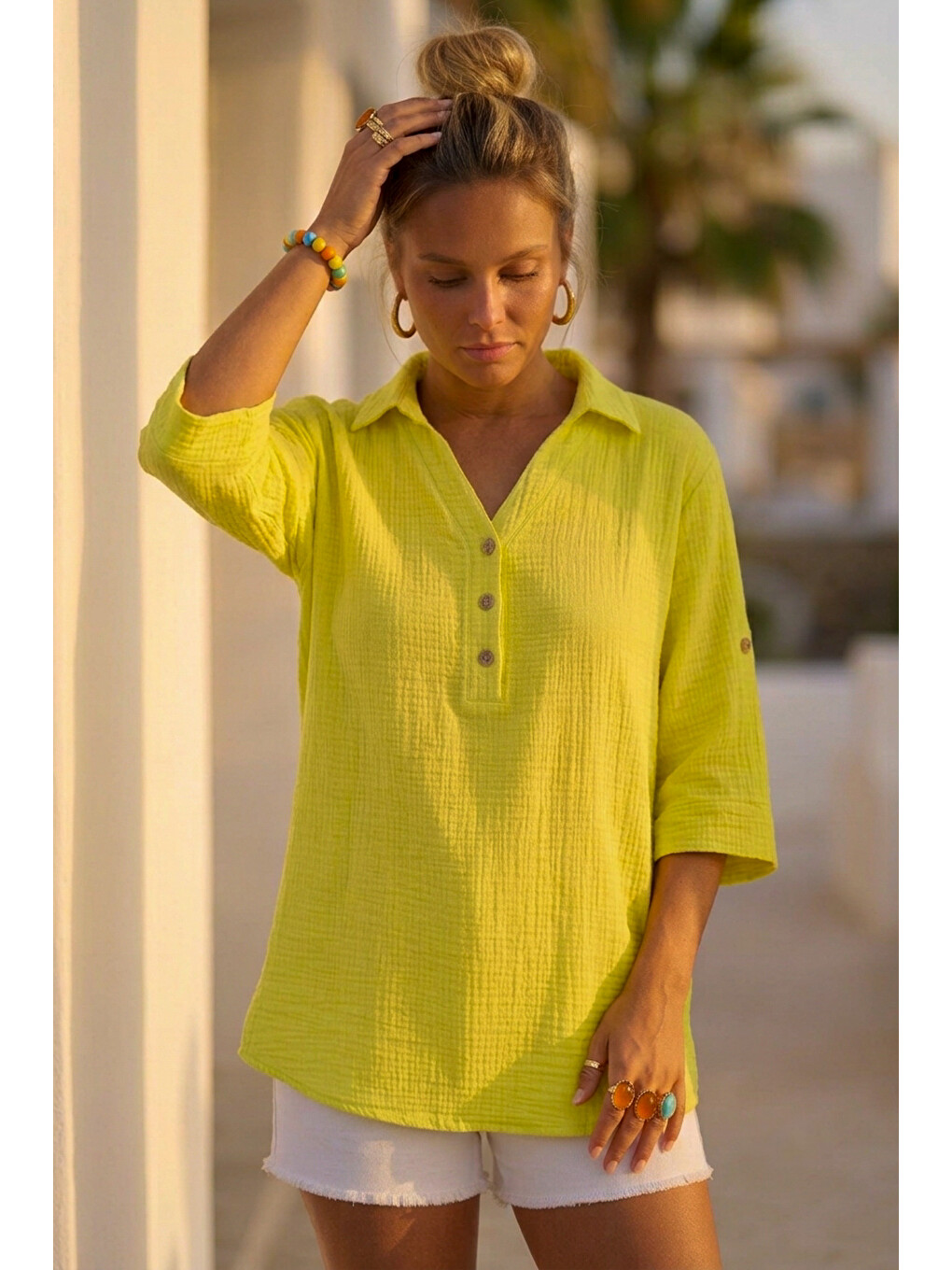 Neon Sarı Gömlek Yaka Düğmeli 3/4 Kol Casual Müslin Oversize Dokuma 67 67-4