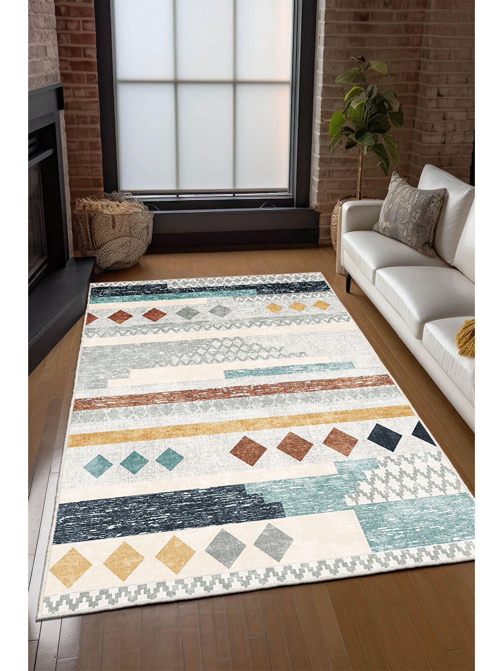 Bej Dekoratif Özel Tasarım Yıkanabilir İnce Kaymaz Tabanlı Modern Halı KECE FR50-3