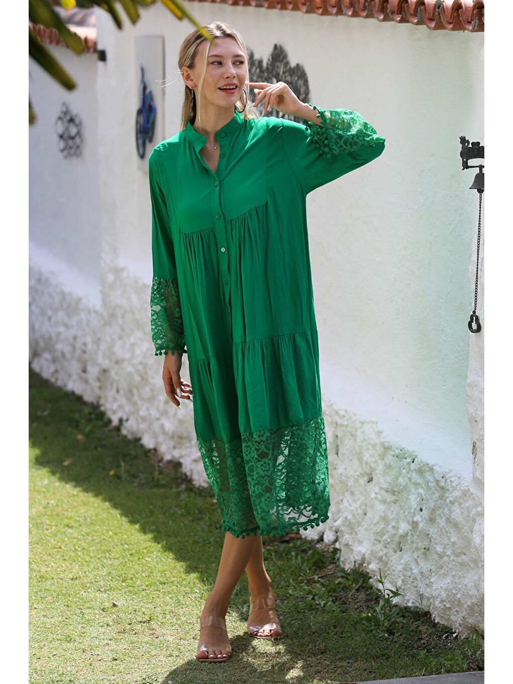 Yeşil Hakim Yaka 3/4 Kol Düğmeli Kol Ve Etek Ucu Dantelli Dokuma Casual Elbise-2