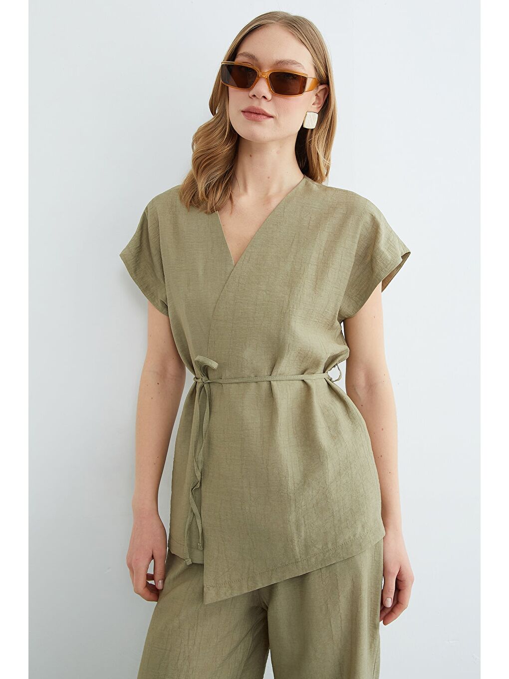 Yeşil Beli Bağlamalı Düşük Kol Yelekli Krinkıl 2 Li Takım-1