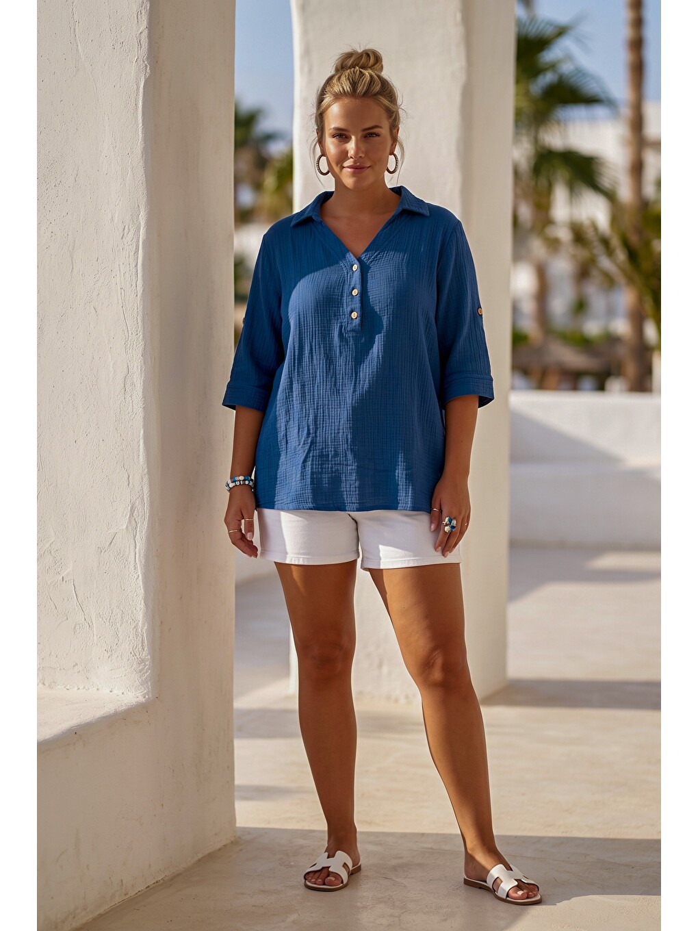 Mavi Gömlek Yaka Düğmeli 3/4 Kol Casual Müslin Oversize Dokuma 67 67-2