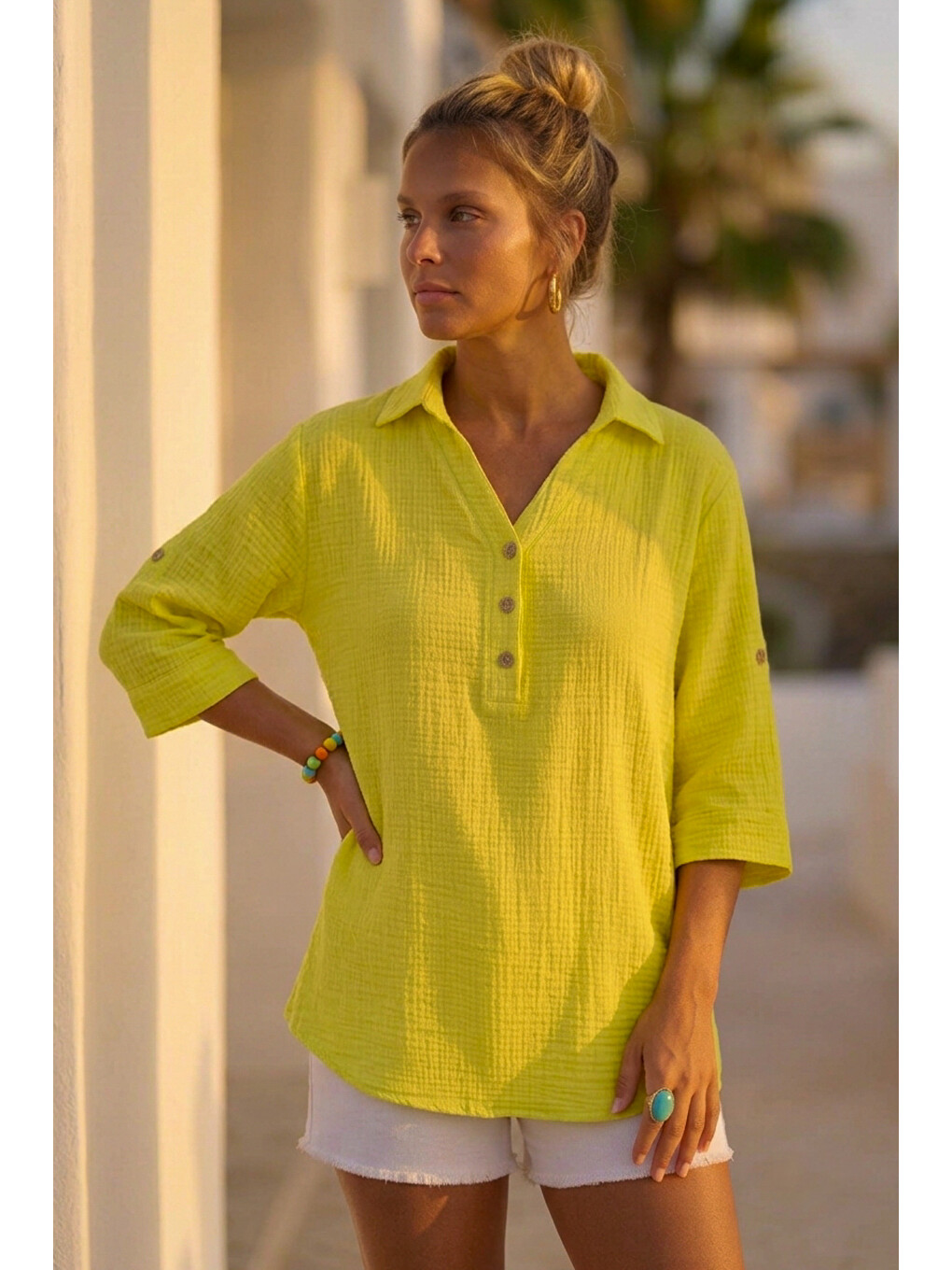 Neon Sarı Gömlek Yaka Düğmeli 3/4 Kol Casual Müslin Oversize Dokuma 67 67-5