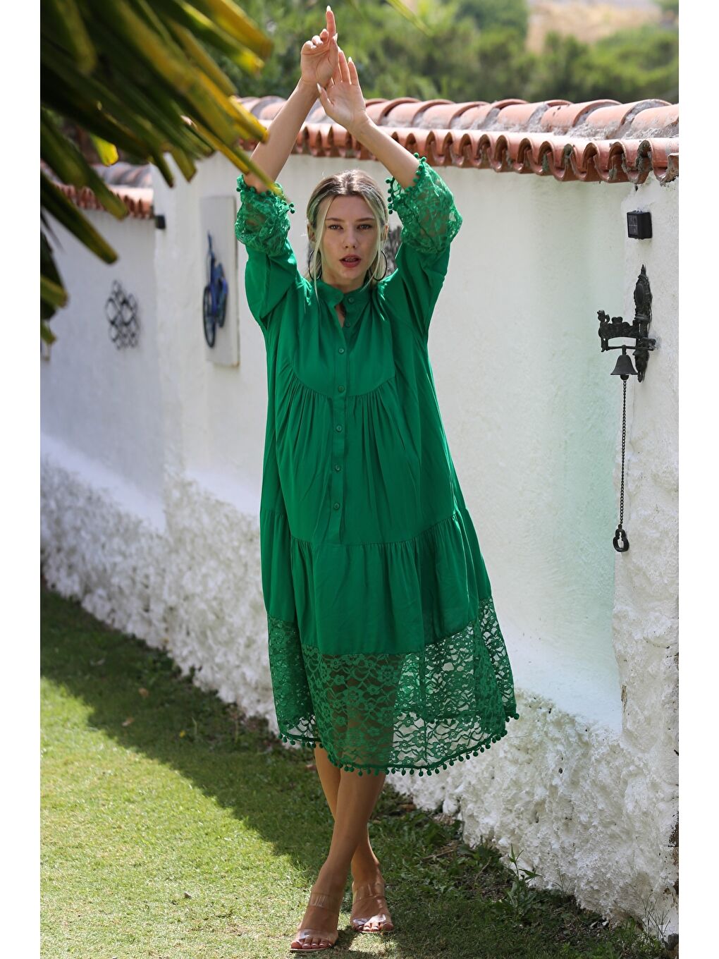 Yeşil Hakim Yaka 3/4 Kol Düğmeli Kol Ve Etek Ucu Dantelli Dokuma Casual Elbise-3