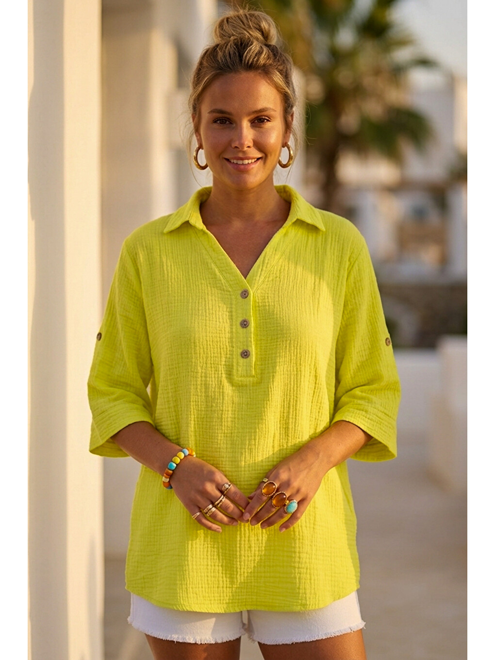 Neon Sarı Gömlek Yaka Düğmeli 3/4 Kol Casual Müslin Oversize Dokuma 67 67-6