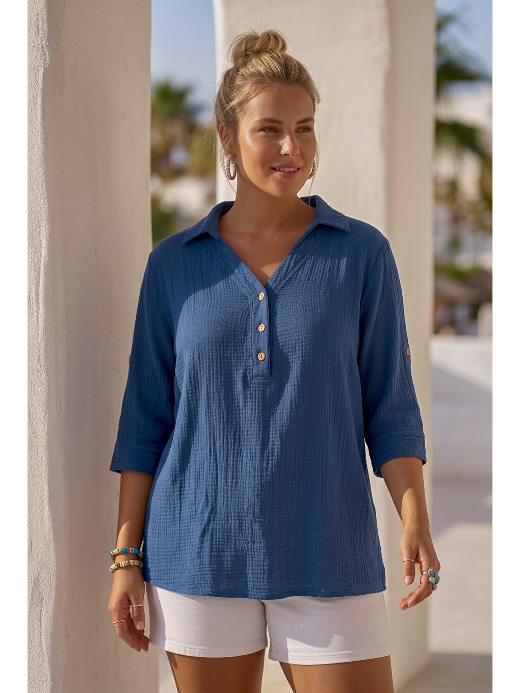 Mavi Gömlek Yaka Düğmeli 3/4 Kol Casual Müslin Oversize Dokuma 67 67-3