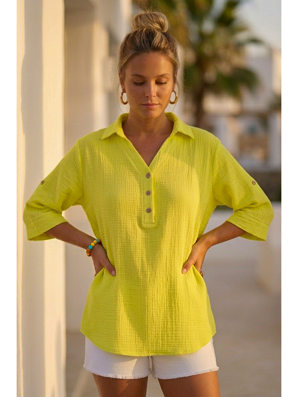 Neon Sarı Gömlek Yaka Düğmeli 3/4 Kol Casual Müslin Oversize Dokuma 67 67-7