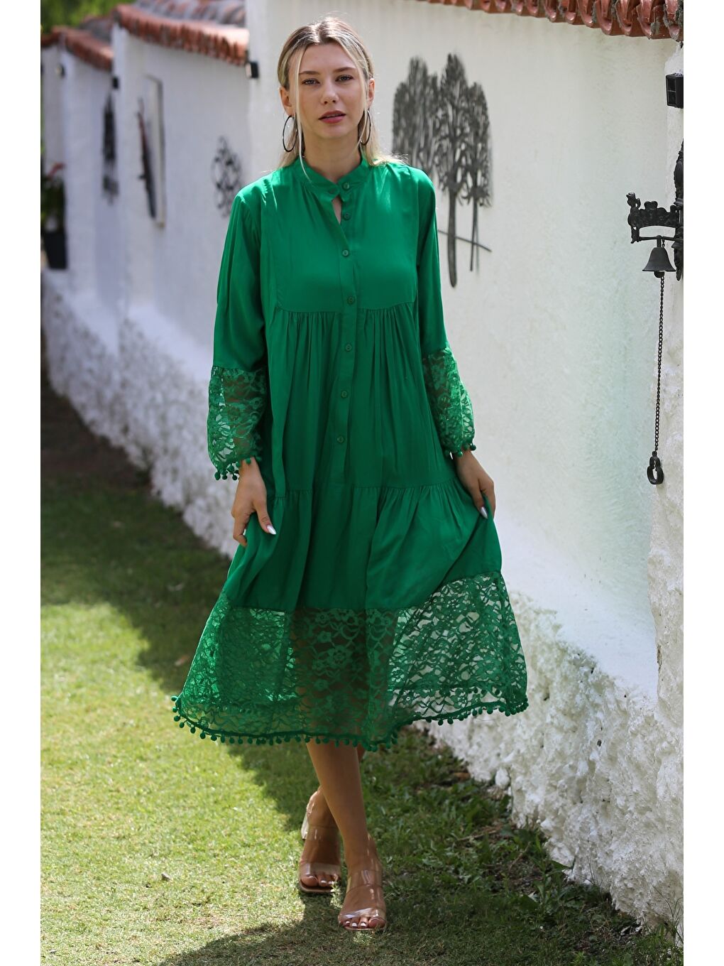 Yeşil Hakim Yaka 3/4 Kol Düğmeli Kol Ve Etek Ucu Dantelli Dokuma Casual Elbise-4