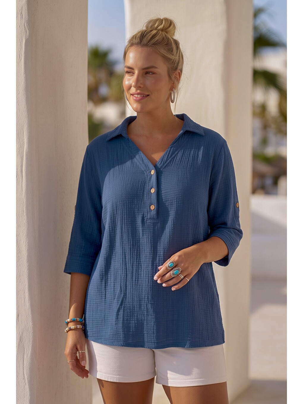 Mavi Gömlek Yaka Düğmeli 3/4 Kol Casual Müslin Oversize Dokuma 67 67-5