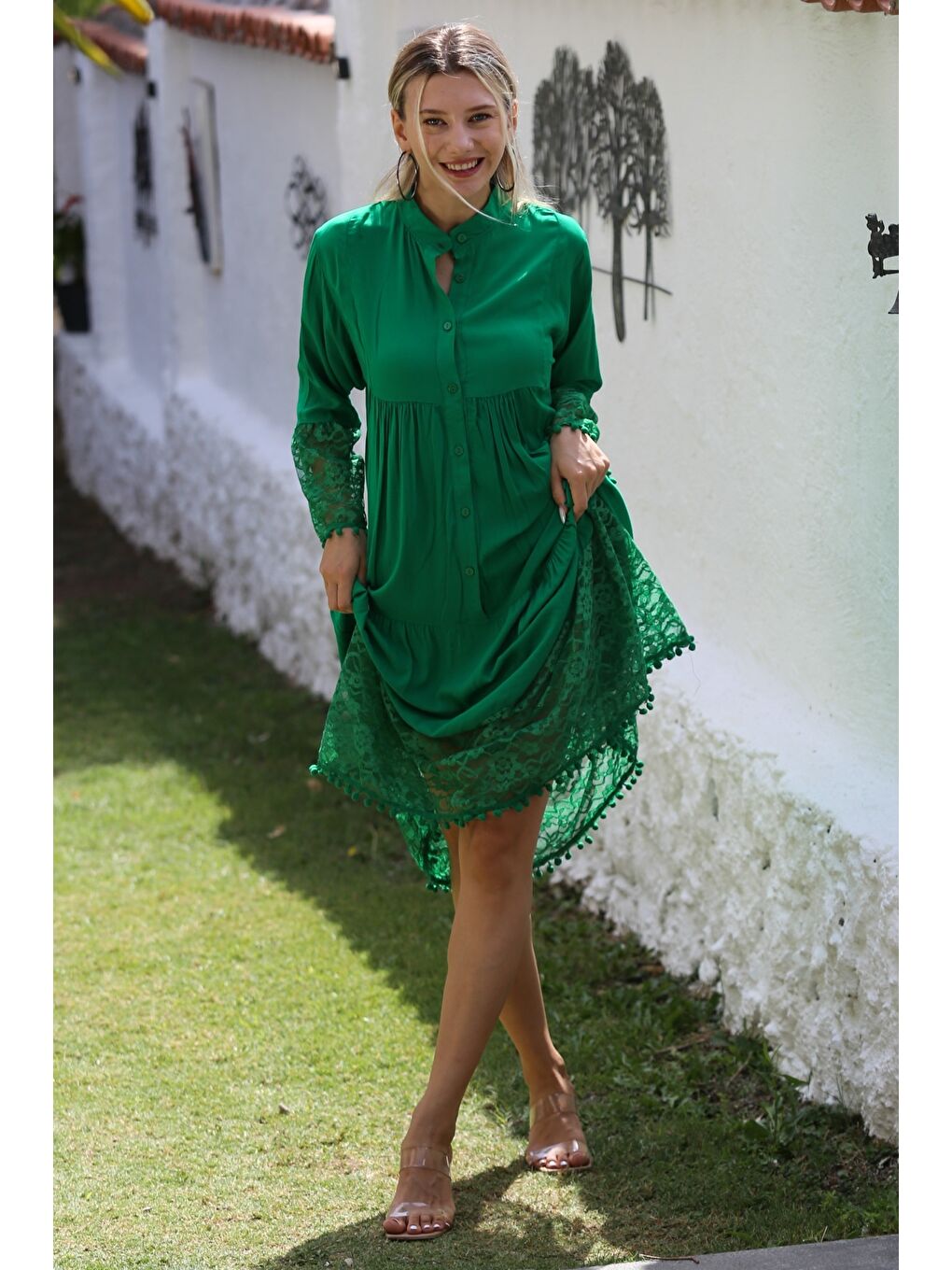 Yeşil Hakim Yaka 3/4 Kol Düğmeli Kol Ve Etek Ucu Dantelli Dokuma Casual Elbise-5