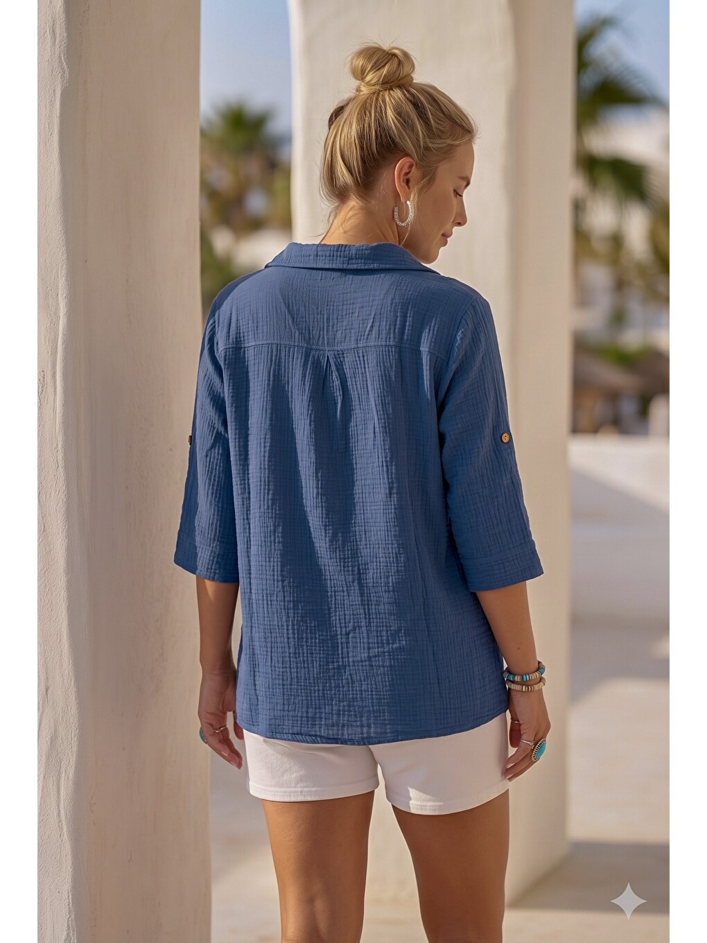 Mavi Gömlek Yaka Düğmeli 3/4 Kol Casual Müslin Oversize Dokuma 67 67-6