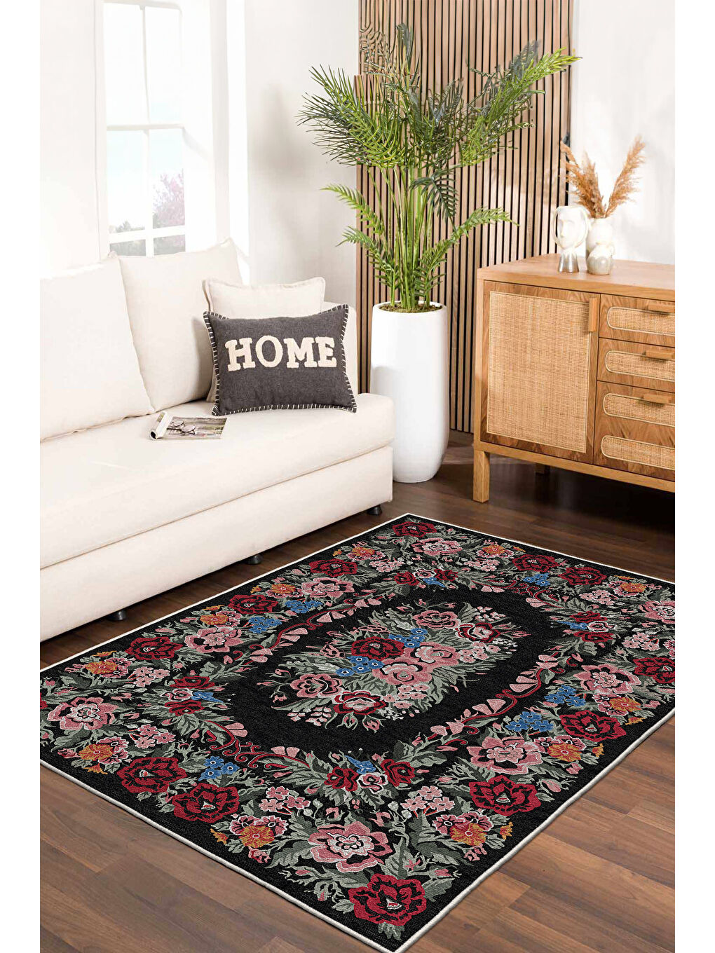 Siyah Dekoratif Özel Tasarım Yıkanabilir İnce Kaymaz Tabanlı Modern Halı KECE FR47-1