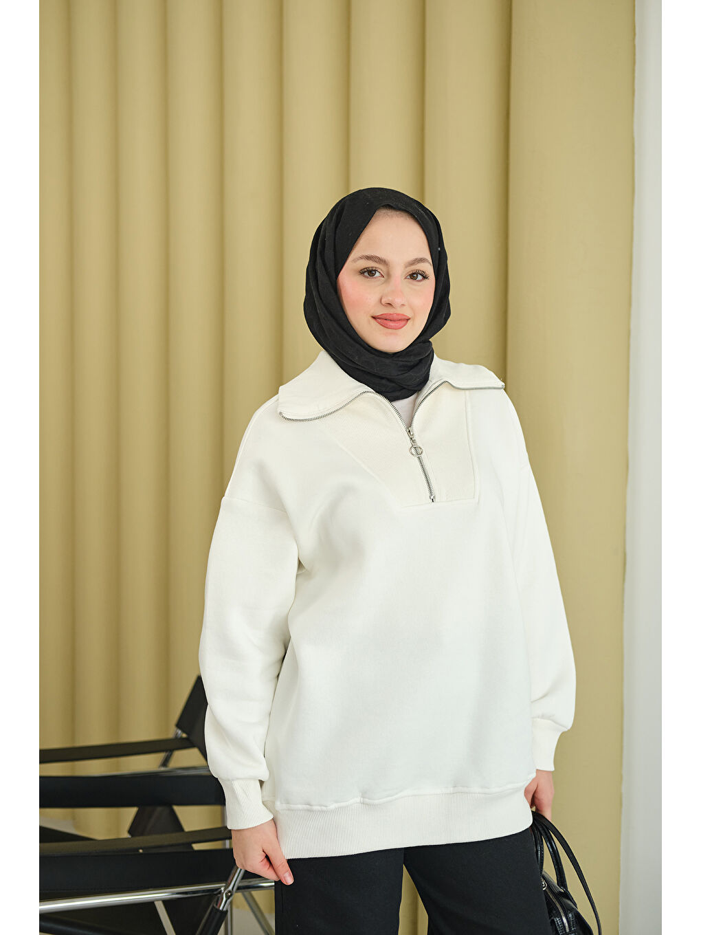 Kadın Yarım Fermuarlı Sweat Ekru-2