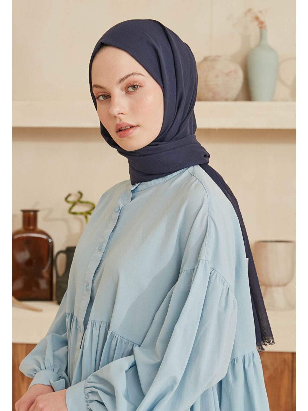 İnce Pamuk Vual Şal Lacivert-4