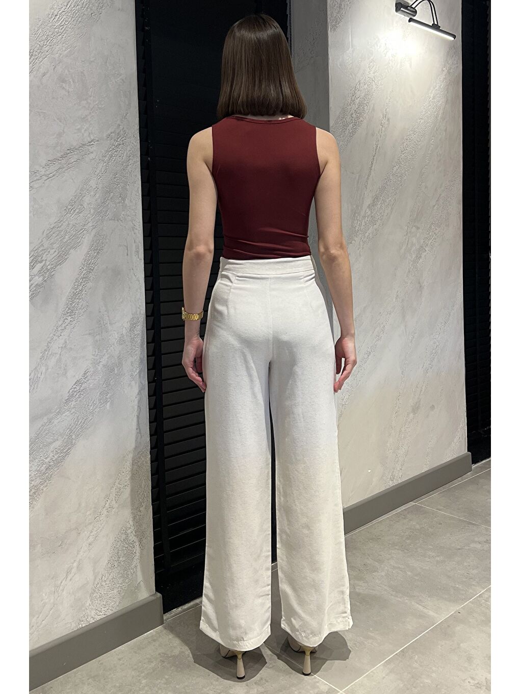 Bej Kadın Yüksek Bel Parçalı Yan Fermuarlı Keten Pantolon-2