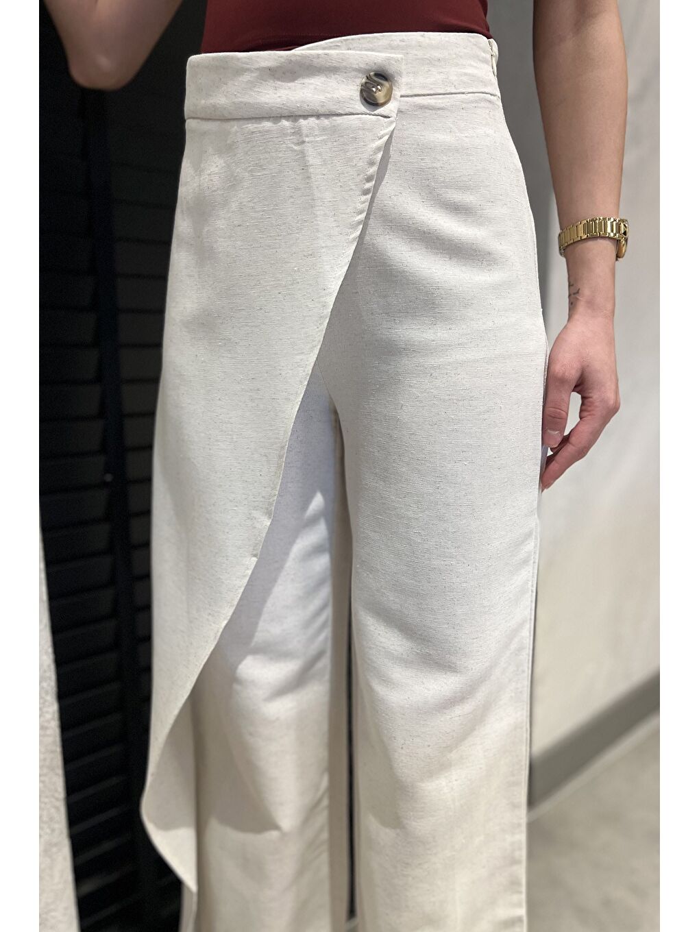 Bej Kadın Yüksek Bel Parçalı Yan Fermuarlı Keten Pantolon-3