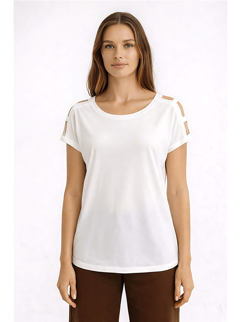 Beyaz Pamuk ve Modal Karışımlı Omuz Detaylı Kadın T Shirt 26Y0195K1