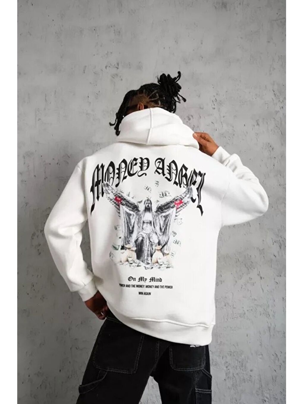 Erkek Kordon İpli Baskılı Kapüşonlu Sweatshirt - Beyaz-1