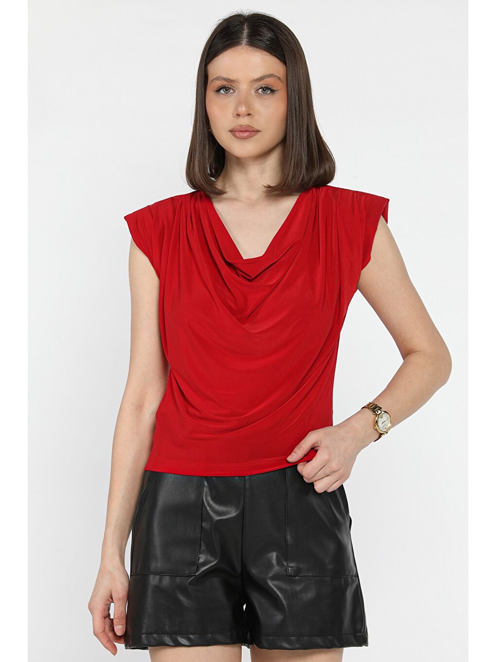 Kırmızı Omuz Vatkalı Drapeli Kadın Bluz-1