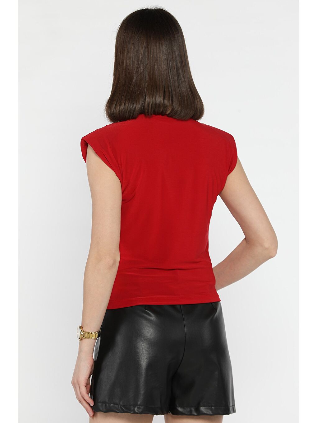 Kırmızı Omuz Vatkalı Drapeli Kadın Bluz-2