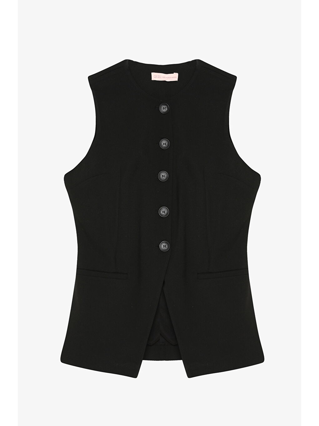 Ön Yırtmaç Detaylı Yuvarlak Yaka Düğmeli Yelek Ceket Siyah