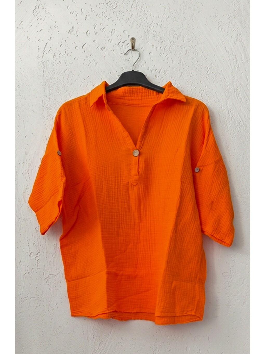 Turuncu Gömlek Yaka Düğmeli 3/4 Kol Casual Müslin Oversize Dokuma 67 55-1