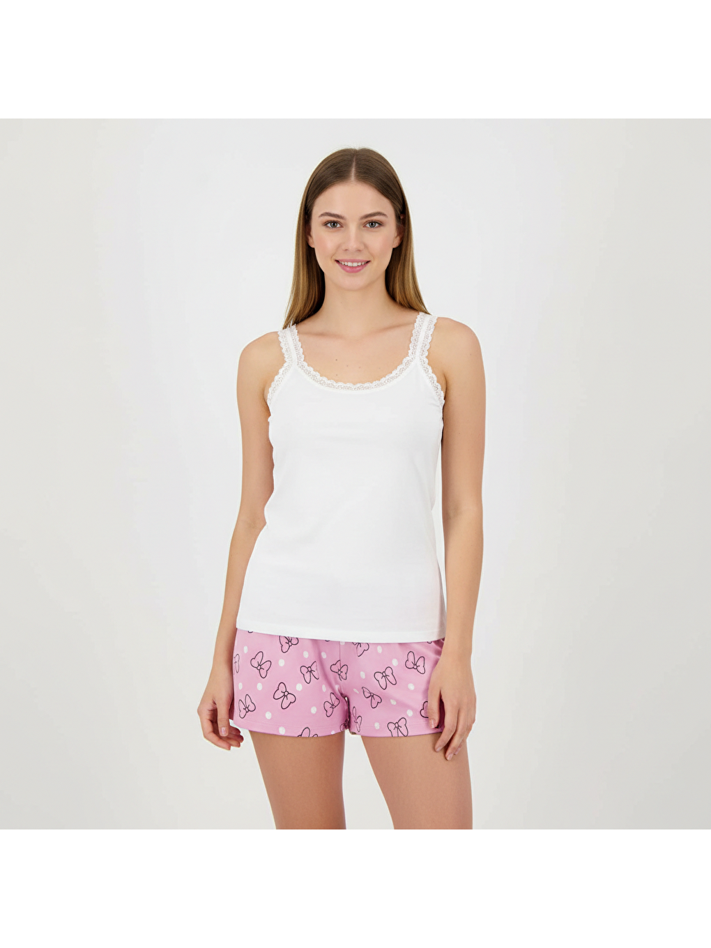 Beyaz Kadın Pamuklu Süs Dantelli İnce Askılı Atlet Ve Şortlu 2'Li Takım Bb2337-2