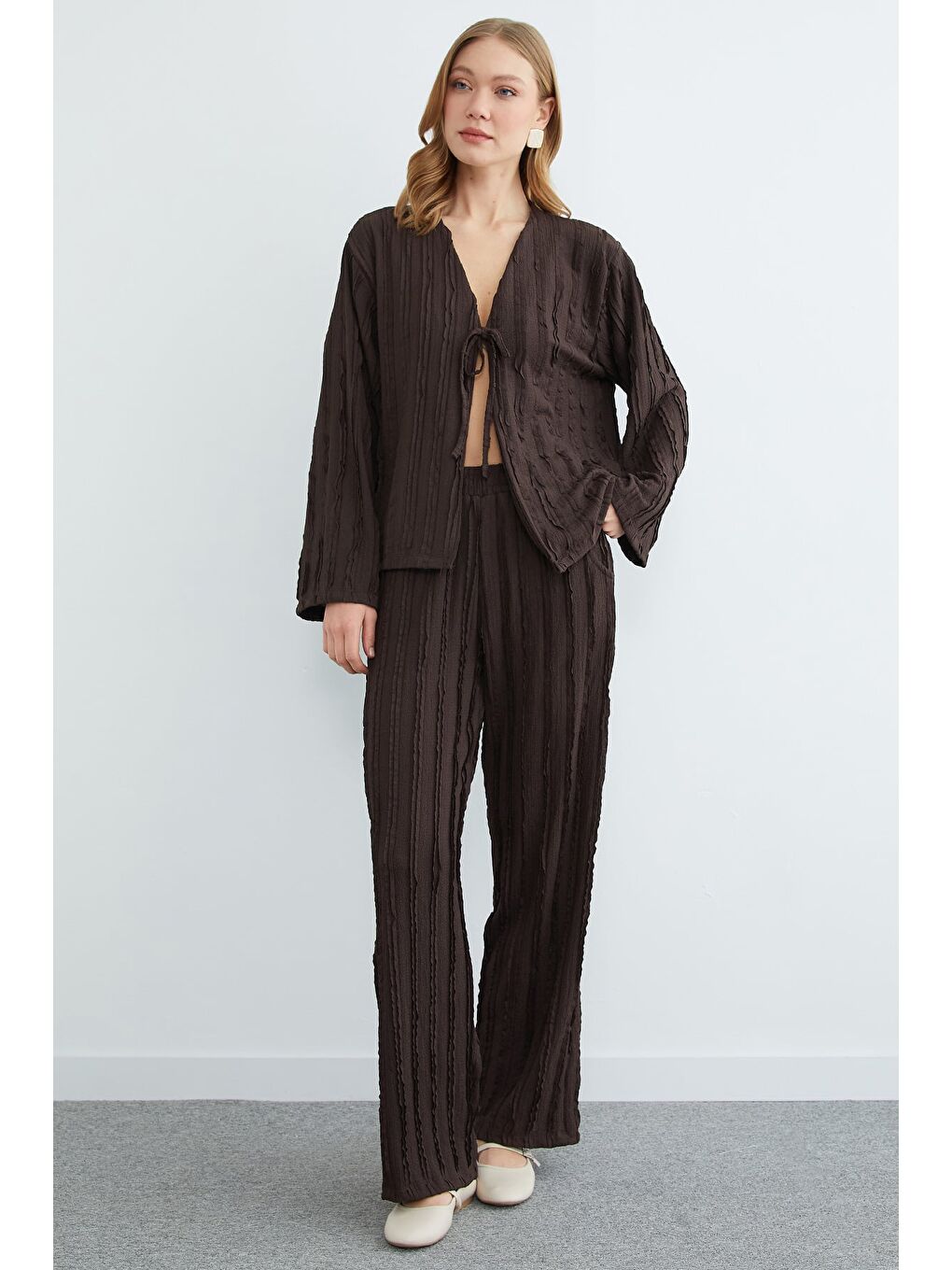 Kahverengi Önden Bağlamalı Krep Kumaş 2 Li Takım-2