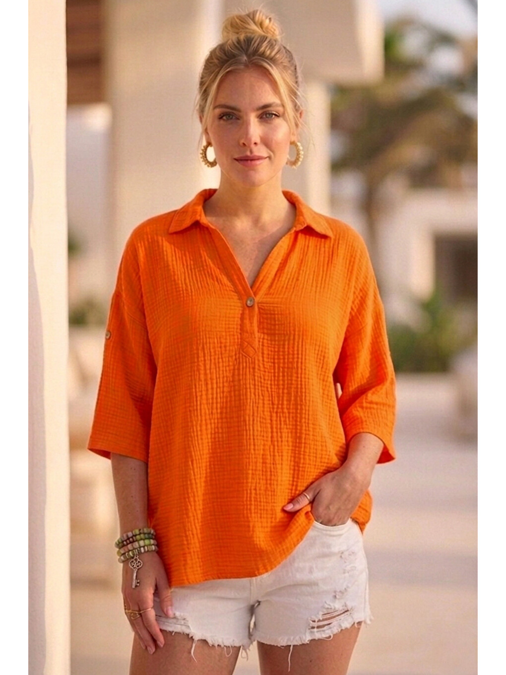 Turuncu Gömlek Yaka Düğmeli 3/4 Kol Casual Müslin Oversize Dokuma 67 55-2