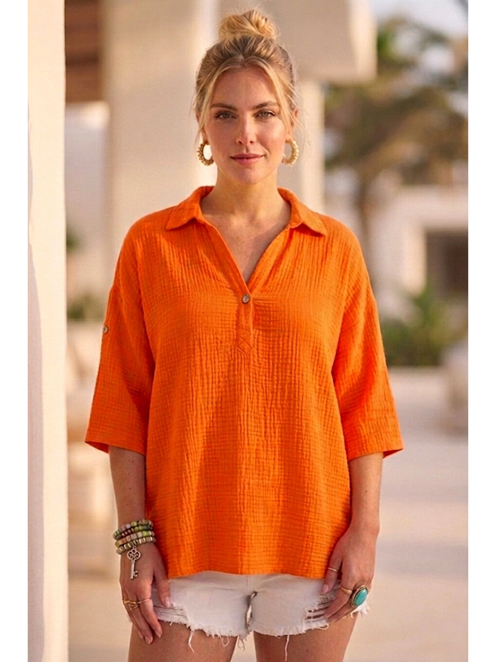 Turuncu Gömlek Yaka Düğmeli 3/4 Kol Casual Müslin Oversize Dokuma 67 55-3