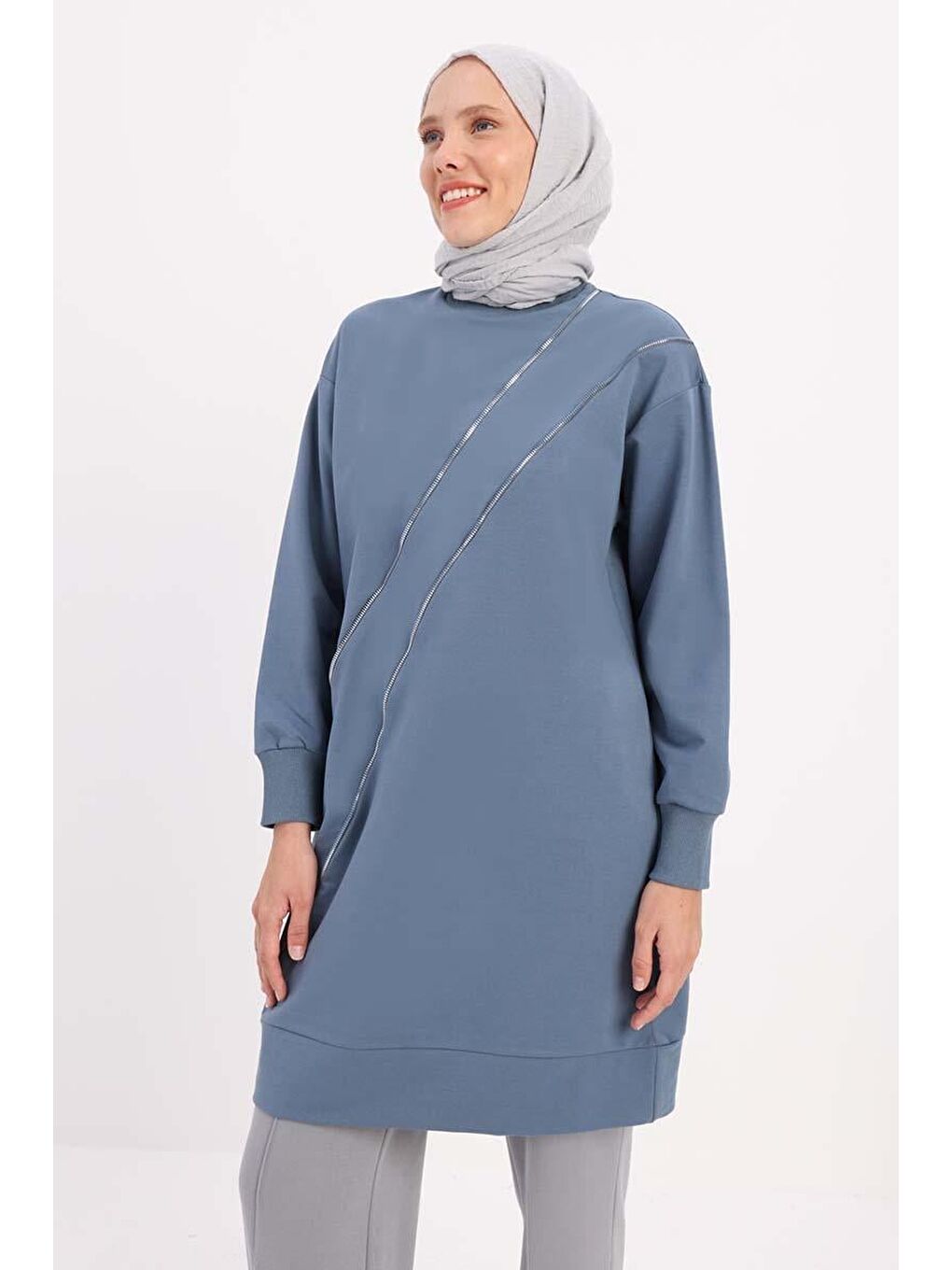 Mavi-Süs Fermuarlı Sweat Tunik