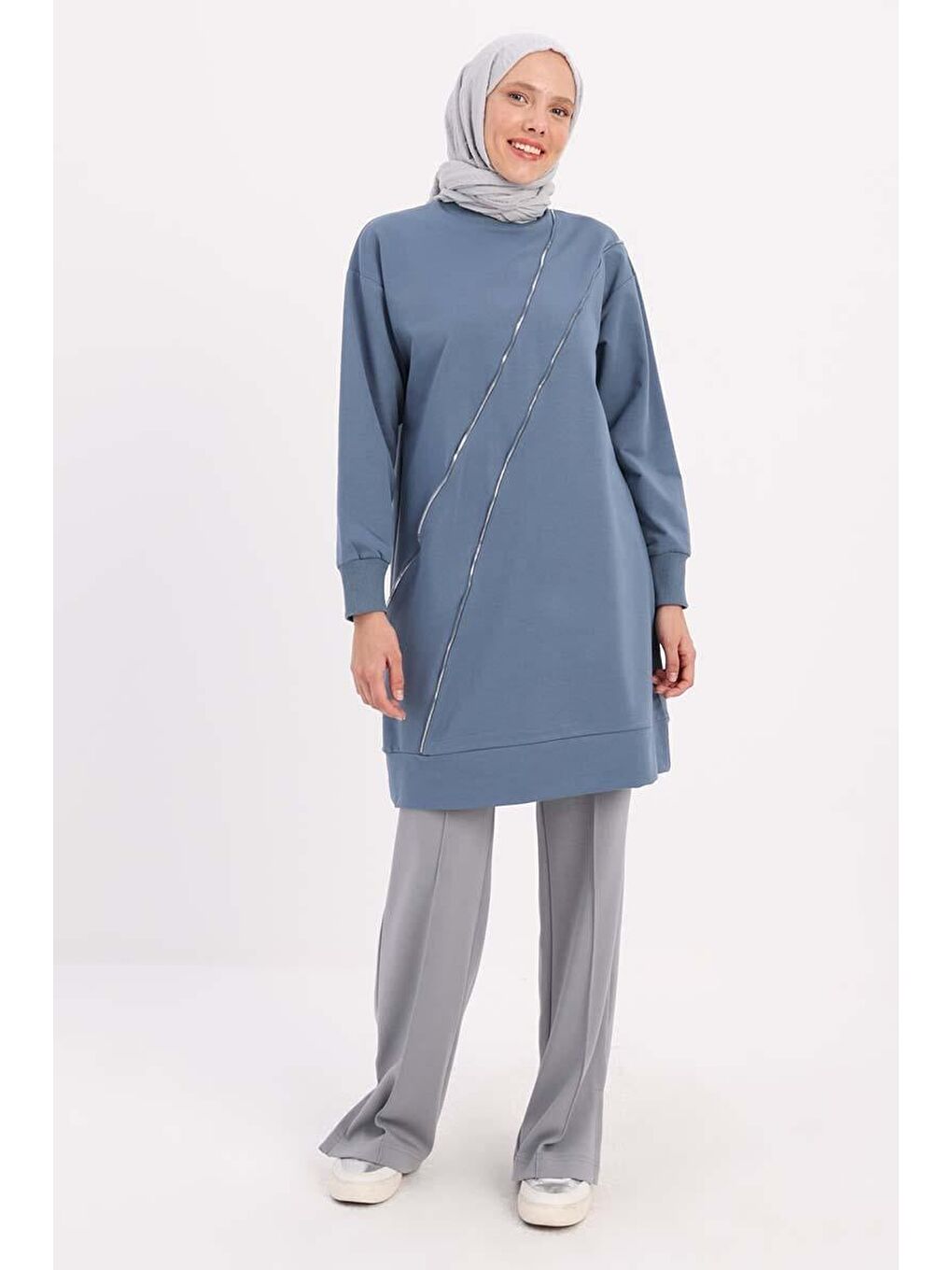 Mavi-Süs Fermuarlı Sweat Tunik-1