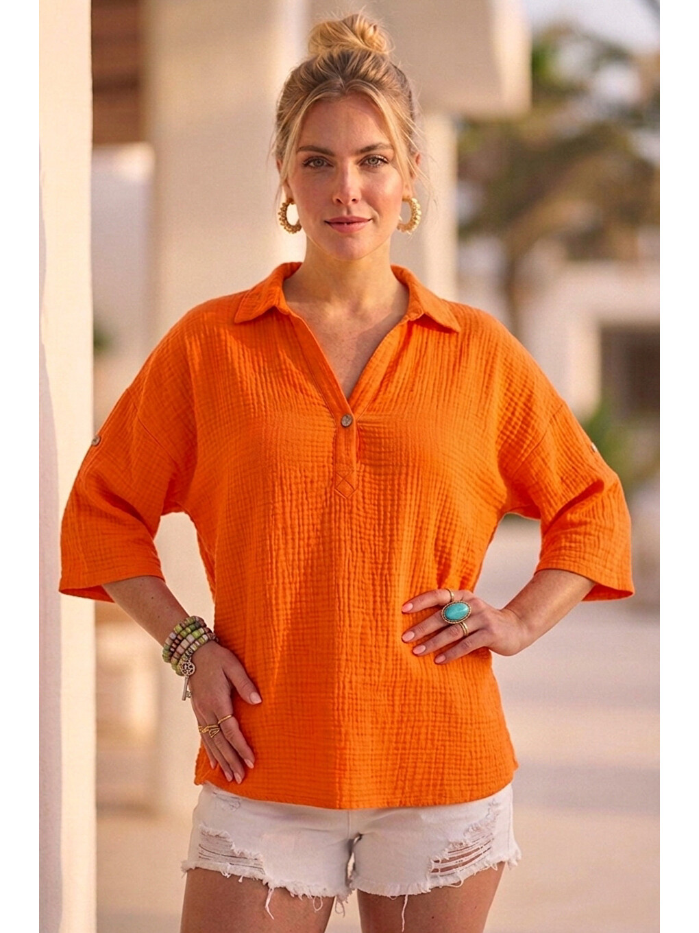 Turuncu Gömlek Yaka Düğmeli 3/4 Kol Casual Müslin Oversize Dokuma 67 55-4