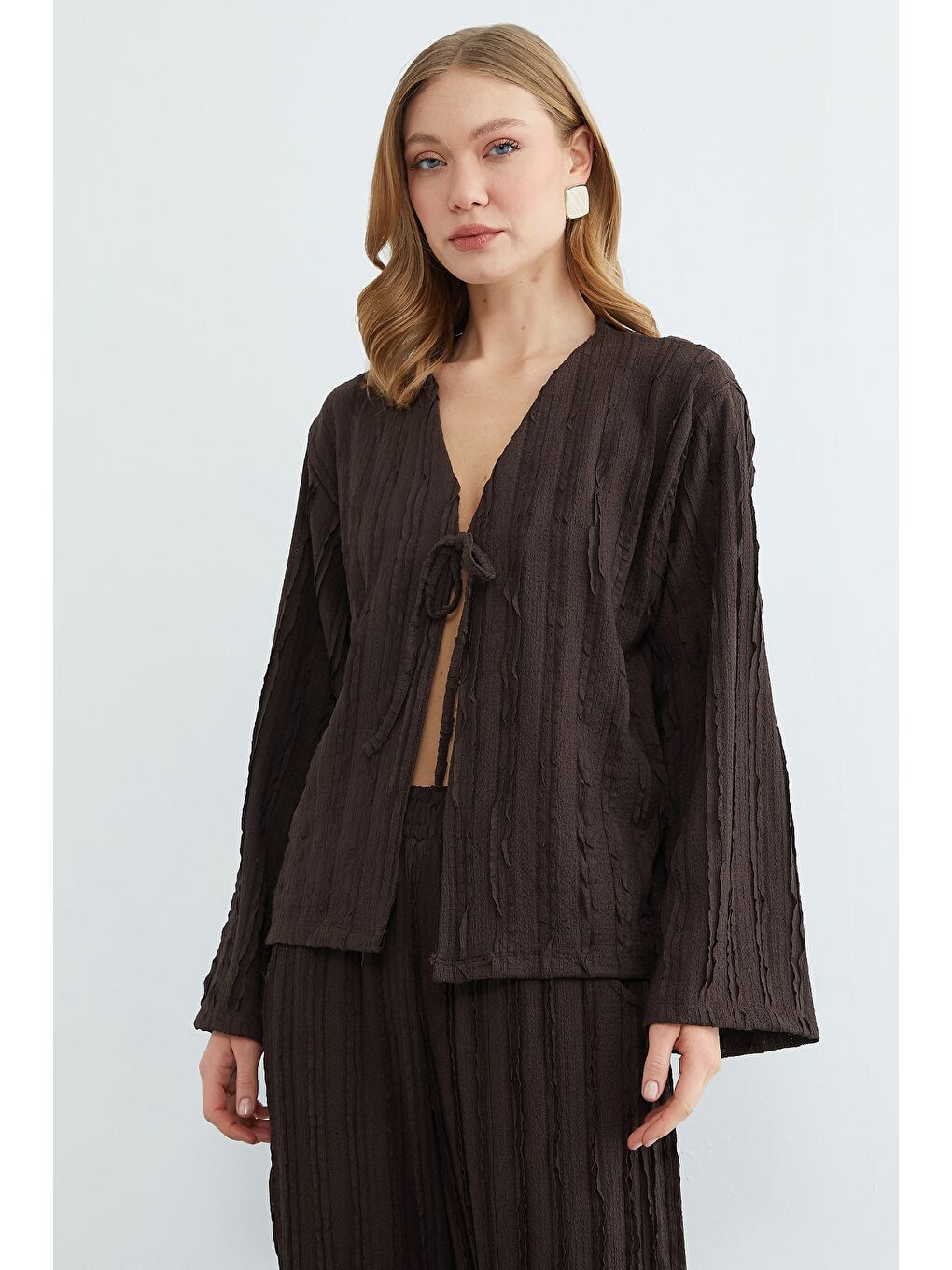 Kahverengi Önden Bağlamalı Krep Kumaş 2 Li Takım-3